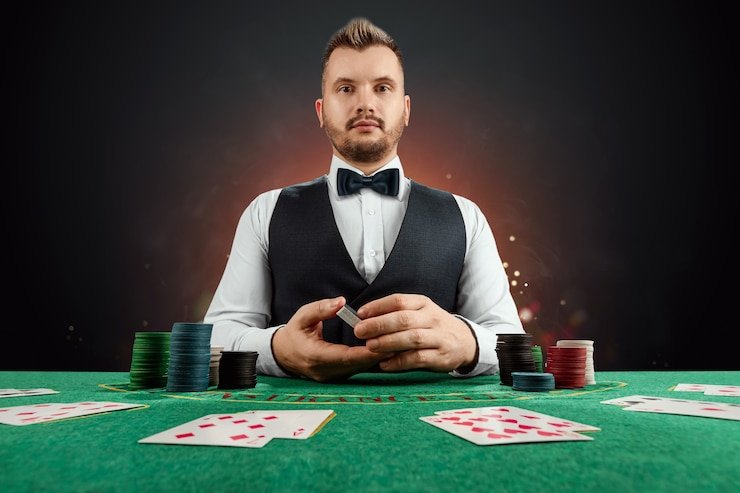 Pemandangan dekat meja blackjack Boom City dengan dealer dan chip permainan di studio langsung
